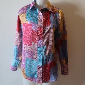 NWT Womens Bululu Multicolor Paisley Satin Pleated Long Sleeve Button Blouse OS*